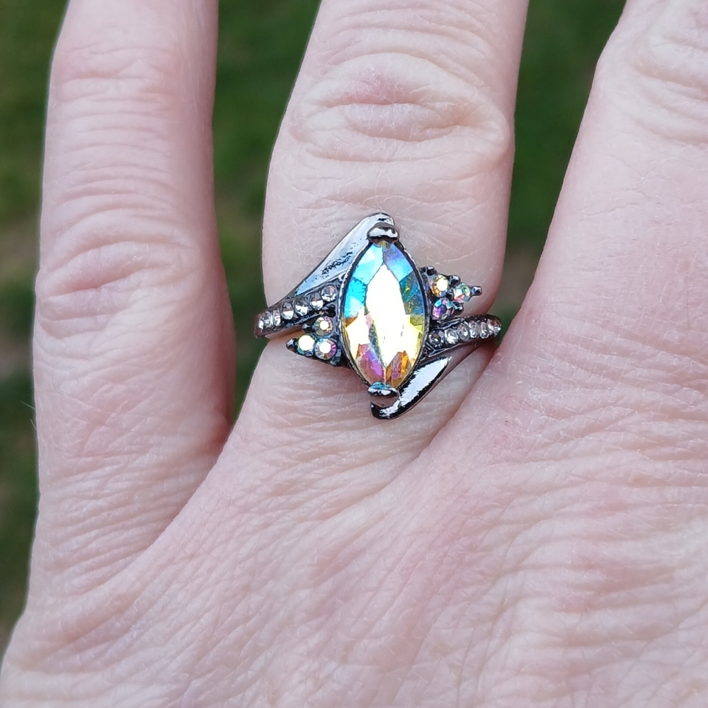 New Marquise Cut Aurora Borealis Black Gold Filled Ring.